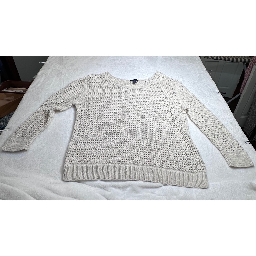 Gap Womens XL Cream Metallic Open Knit Sweater Shimmer Long Sleeve Crew Neck